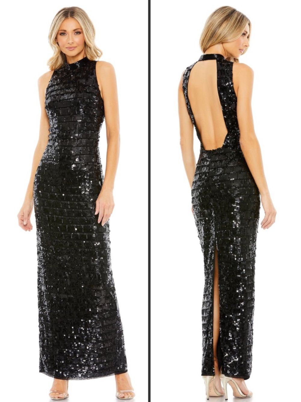NWT Mac Duggal 10907 Black Sequin High Neck Sleeveless Column Gown Dress 4